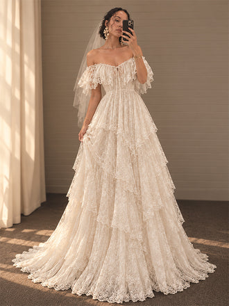 Elegant Off Shoulder A-line Lace Tiered  Boho Wedding Dress, WD32240