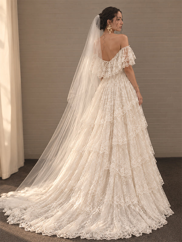 Elegant Off Shoulder A-line Lace Tiered  Boho Wedding Dress, WD32240