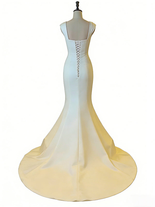 Elegant White Square Mermaid Wedding Dress with Cap Sleeves ,PD37962
