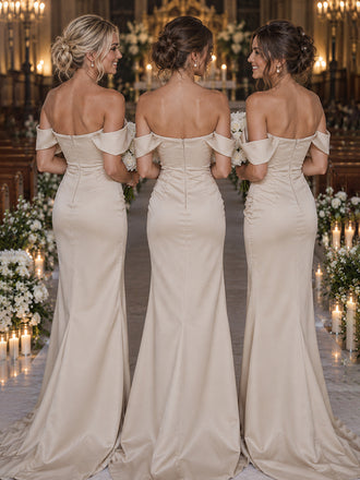 Elegant Champagne Off-shoulder Long Bridesmaid Prom Dress,PD3203