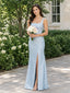 Elegant Blue Square Neck Long Bridesmaid Dress with Slit, PD2823079