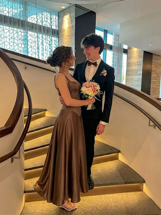 Elegant Brown Corset A-line Prom Dress, Evening Gown, PD2823095