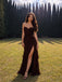 Elegant Brown Pleated Strapless Chiffon Prom Dress with Slit, Evening Dress, PD2823065
