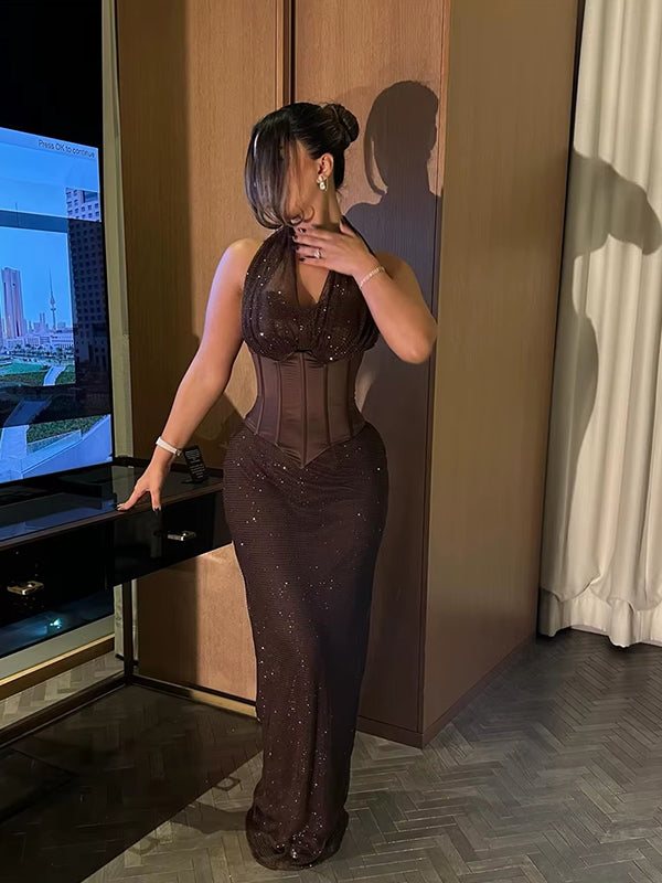 Sexy Brown Halter V-neck Halter Mermaid Evening Dress, Prom Dress, PD28231228