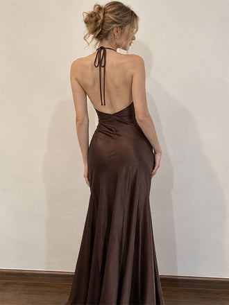 Sexy Brown V-neck Halter Mermaid Long Prom Dress, Evening Dress, PD38116