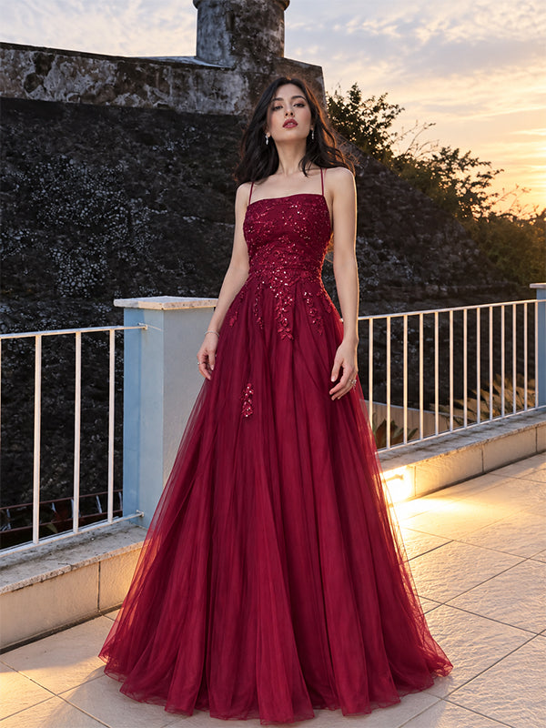 Elegant Burgundy Floral Sequin A-line Tulle Prom Dress, Evening Dress, PD28231291