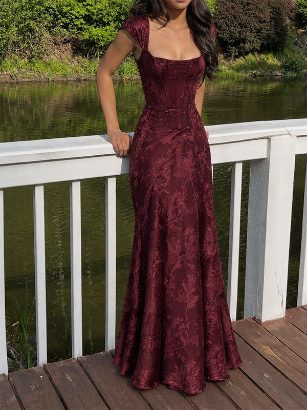 Vintage Burgundy Square Satin A-line Prom Dress with Cap Sleeves, Evening Dress, PD28231250