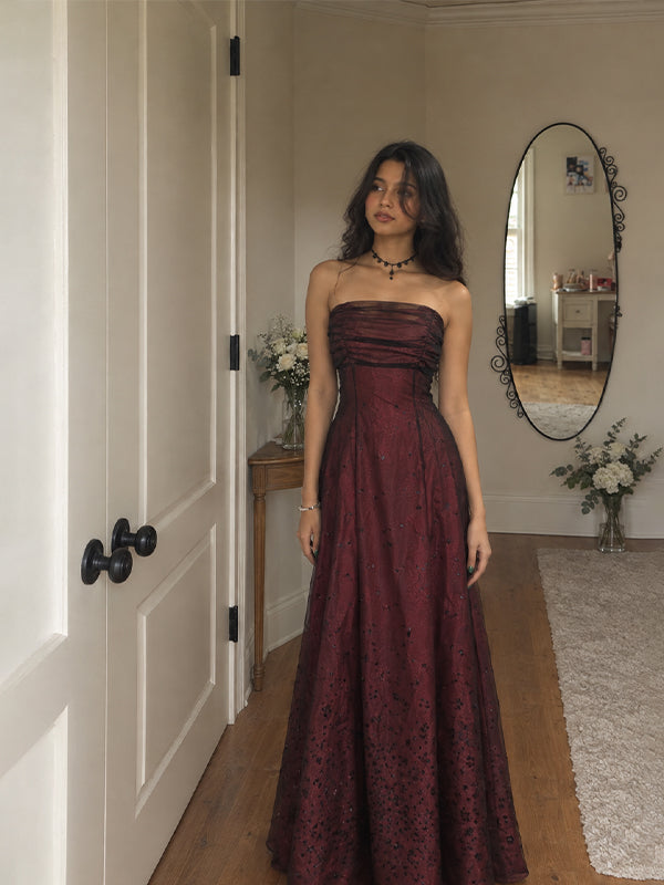 Vinatge Burgundy Strapless A-line Tulle Prom Dress, Evening Dress, PD28231227