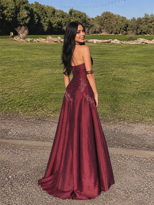 Vintage Burgundy Satin Floral Beaded A-line High Low Prom Dress, PD28231264