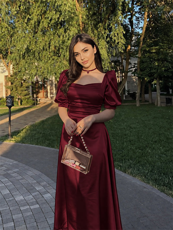 Elegant Green Square Neck Puff Sleeves A-line Long Evening Dress, Prom Dress, PD37643