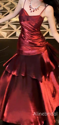 Elegant  Burgundy Spaghetti Straps Ruffles Maxi Prom Dress, Formal Dress, PD382286