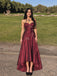 Vintage Burgundy Satin Floral Beaded A-line High Low Prom Dress, PD28231264