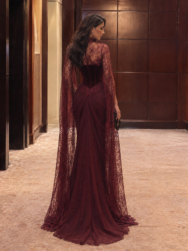 Elegant Burgundy Velvet High Neck Mermaid Evening with Sheer Lace Cape, PD28231263