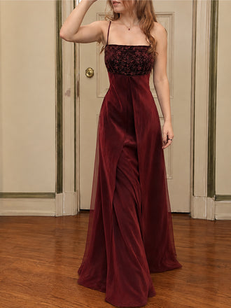 90s Vintage Burgundy Velvet A-line Evening Dress with Embroidered Corset, Prom Dress, PD28231308