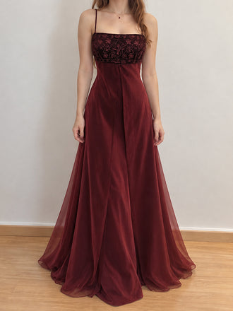 90s Vintage Burgundy Velvet A-line Evening Dress with Embroidered Corset, Prom Dress, PD28231308