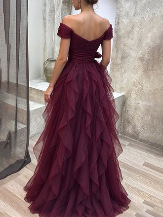 Elegant Burgundy V-neck Off-Shoulder A-line Evening Party Dress, PD37787