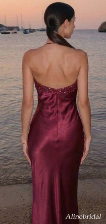 Elegant Burgundy Beaded Halter Mermaid Prom Dress, Evening Dress, PD3823039