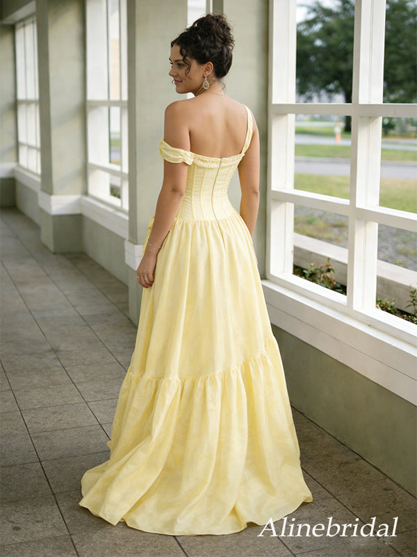 Gorgeous Yellow Bow Off the Shoulder A-line Prom Gown, Evening Dress, PD2823053