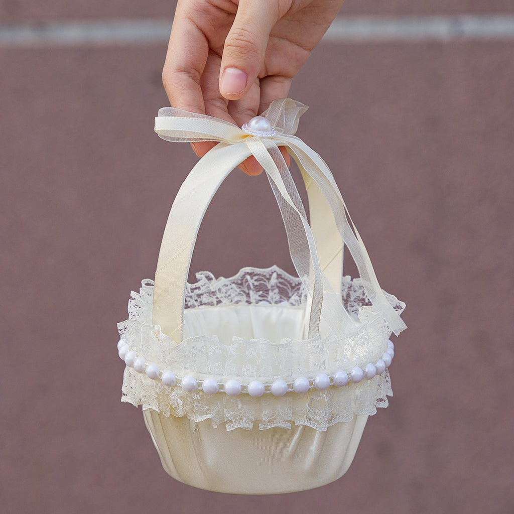 vory Lace & Pearl-Embellished Flower Girl Basket with Satin Bow Handle