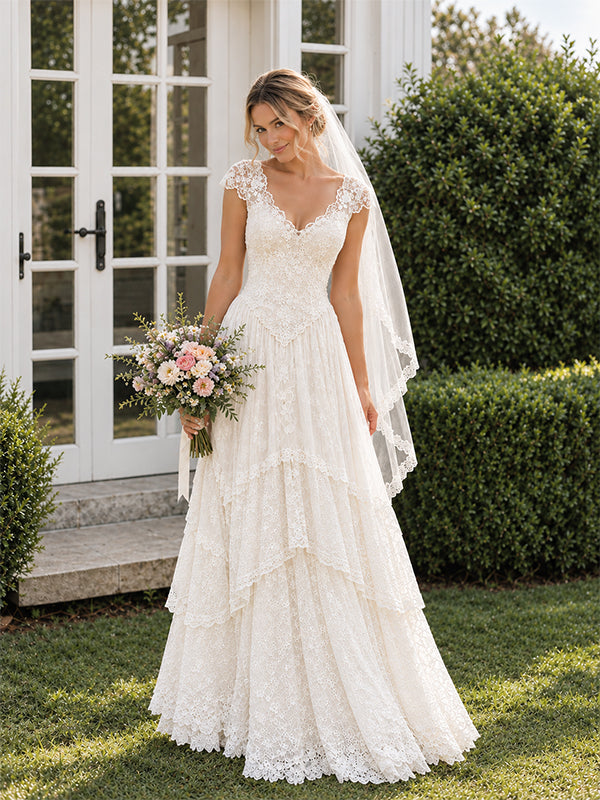 Romantic Vintage Tiered Lace A-line Wedding Dress with with Convertible Cap Sleeves, WD32247