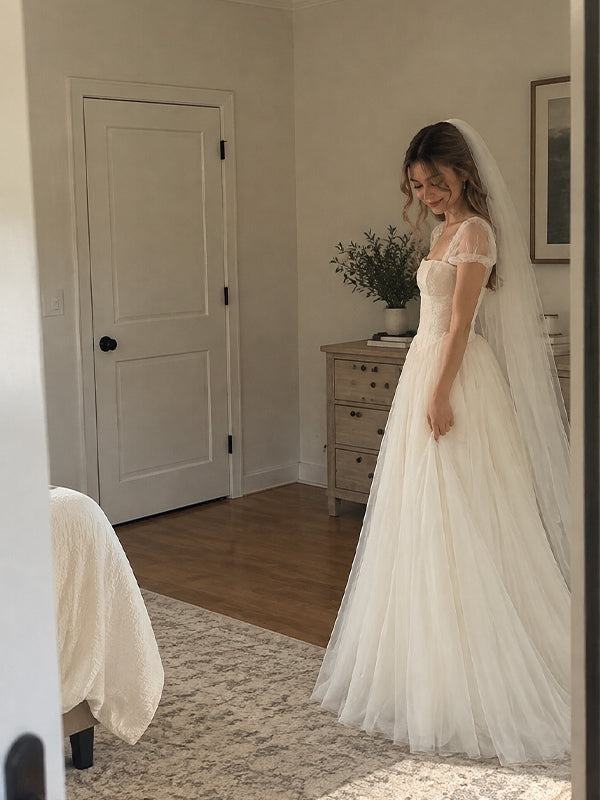 Elegant Cap Sleeves A-line Tulle Wedding Dress, WD32253