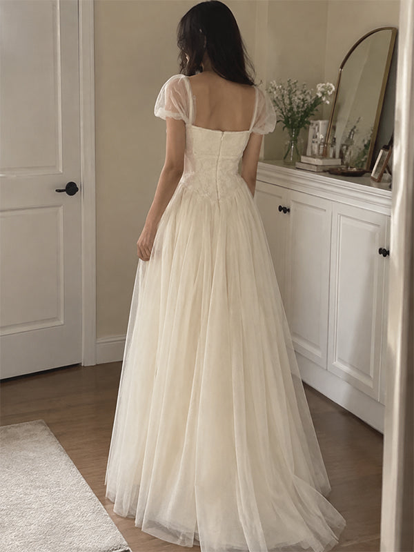 Elegant Cap Sleeves A-line Tulle Wedding Dress, WD32253