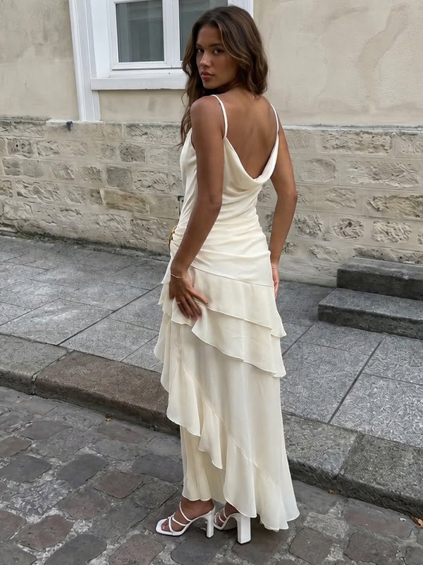 Vintage Ivory Cowl A-line Ruffled Tiered Prom Dress with Slit, Evening Dress, PD2823096