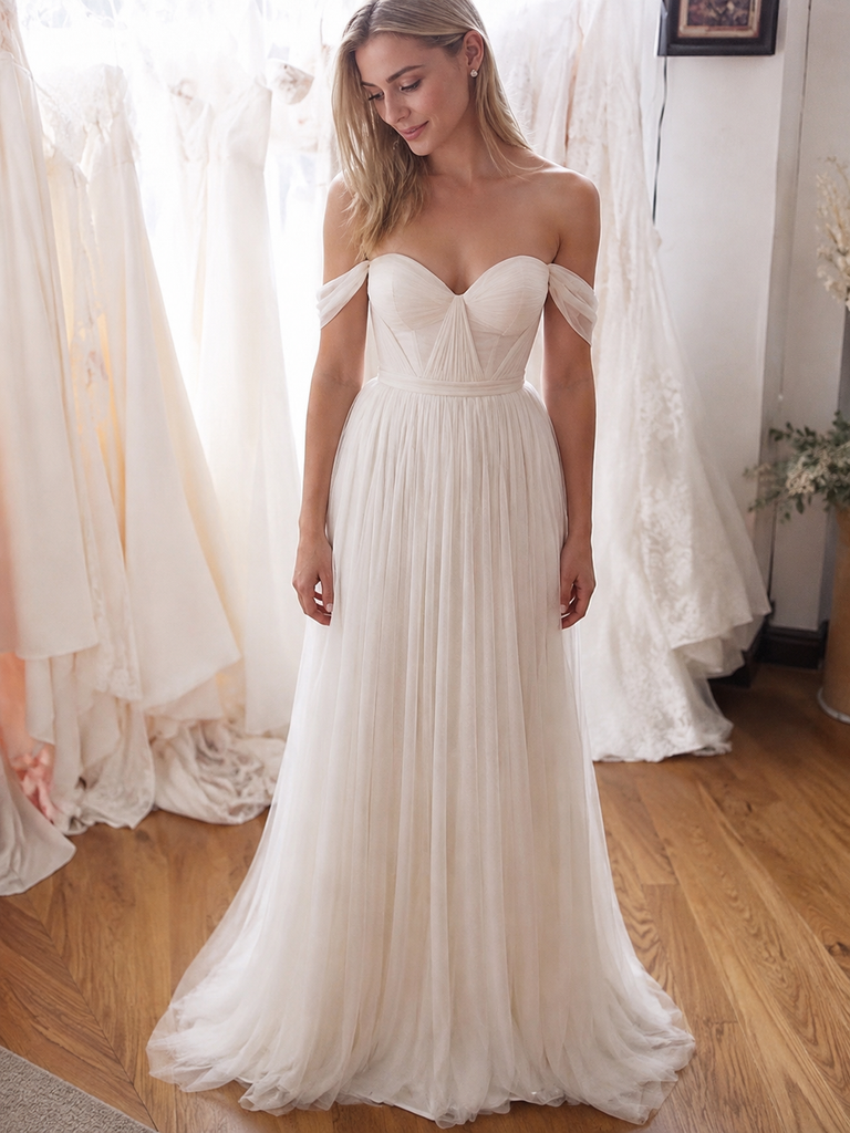 Elegant Off Shoulder Chiffon A-line Wedding Dress, AB1083