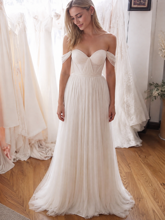 Elegant Off Shoulder Chiffon A-line Wedding Dress, AB1083