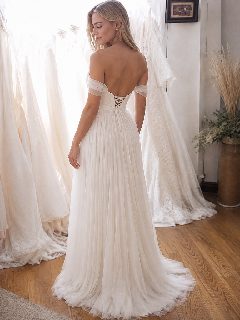 Elegant Off Shoulder Chiffon A-line Wedding Dress, AB1083