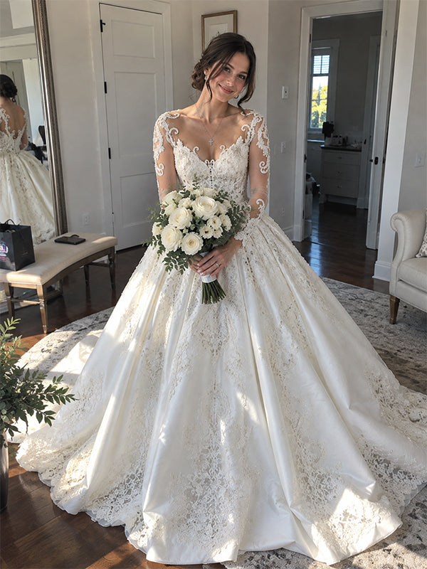 Gorgeous Long Sleeves Lace Applique A-Line Wedding Dress with Train, WD1114