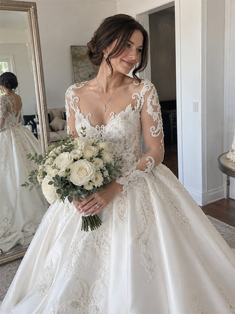 Gorgeous Long Sleeves Lace Applique A-Line Wedding Dress with Train, WD1114