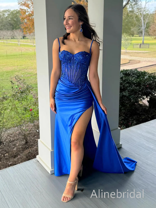 Elegant Blue Sweetheart Lace Beaded Prom Dress with Slit, Evening Dress, PD3823010