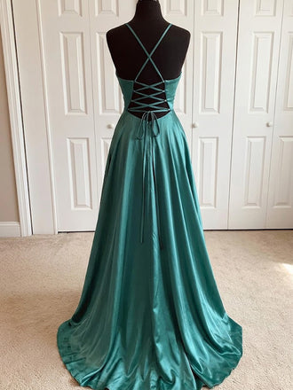 Elegant Emerald Green V-neck Backless A-line Long Prom Dress, Evening Gown, PD38069