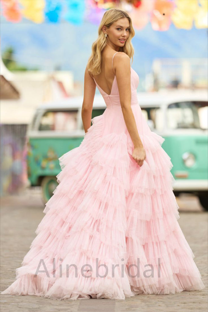 Pink Elegant V-neck Sleeveless A-line Long Prom Dress, PD3624