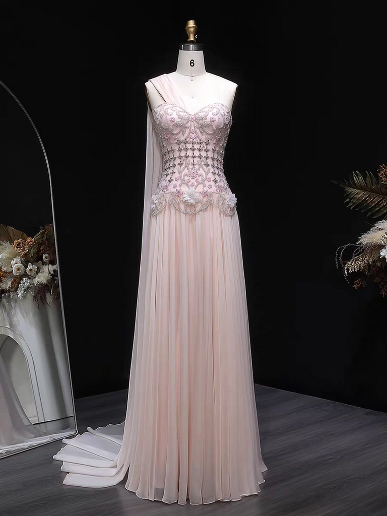 Stunning Light Pink Floral Beaded One Shoulder A-line Evening Dress, Prom Dress, PD28231220