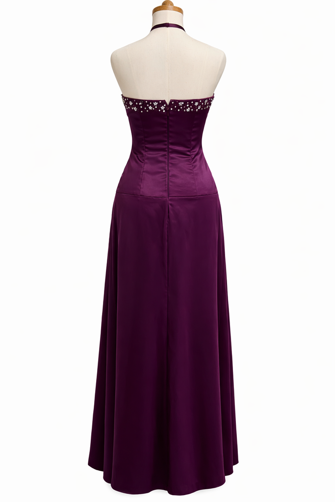 Vintage Purple Beaded Halter A-line Prom Dress, Evening Dress, PD3822998