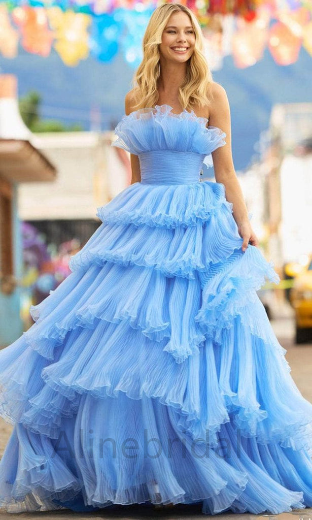 Blue Elegant Strapless Sleeveless A-line Long Prom Dress, PD3625