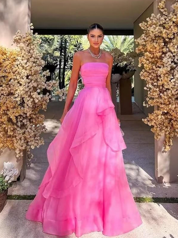 Elegant Strapless Ruffles Hot Pink Maxi Long A-line Tulle Prom Dress, Formal Dress, PD382270