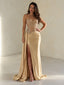 Elegant Champagne Gold Starpless Sequin Mermaid Evening Dress with Slit, Prom Dress, PD28231299