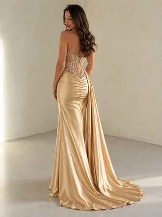 Elegant Champagne Gold Starpless Sequin Mermaid Evening Dress with Slit, Prom Dress, PD28231299