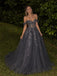 Sparkly Gray Off Shoulder Lace Applique A-line Prom Dress, Evening Dress, PD28231286