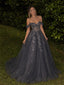 Sparkly Gray Off Shoulder Lace Applique A-line Prom Dress, Evening Dress, PD28231286