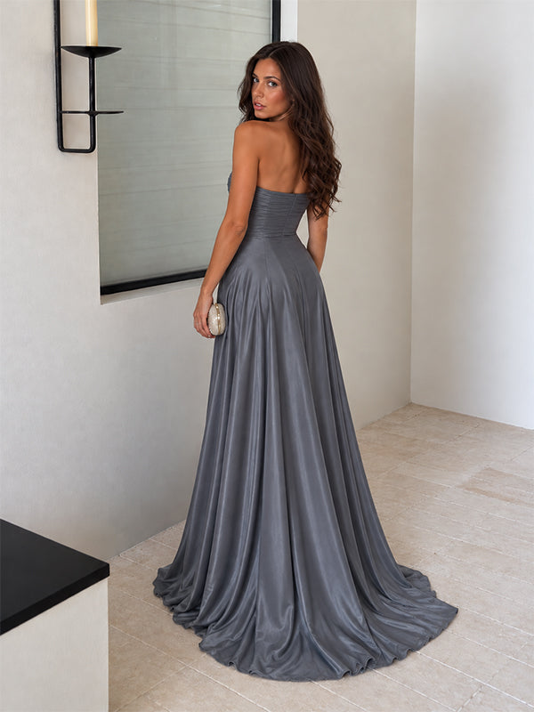 Elegant Gray Strapless Ruched A-line Evening Dress, Prom Dress, PD28231287