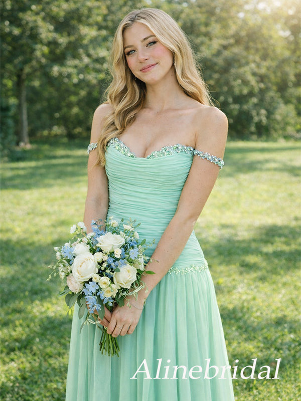 Elegant Green Chiffon Off the Shoulder A-line Long Prom Dress, Evening Dress, PD3823009