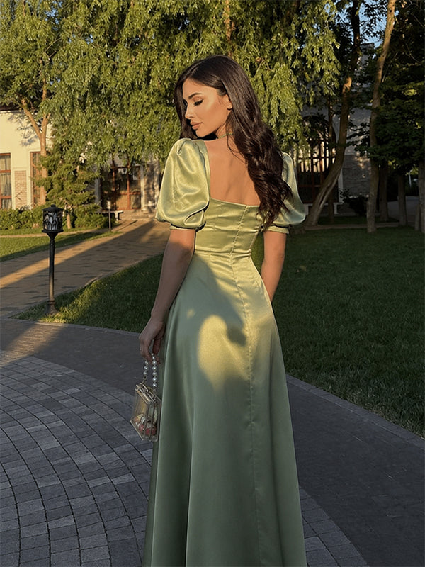 Elegant Green Puff Sleeves A-line Long Evening Dress,PD37643