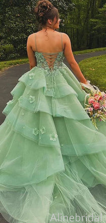 Gorgeous Green Spaghetti Straps A-line Tulle Prom Ball Gown, Floral Lace Applique Evening Dress, PD3823008
