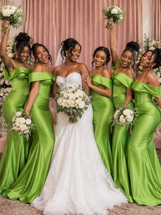 Elegant Green Off Shoulder Satin Mermaid Bridesmaid Dress, PD2823099