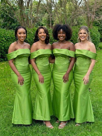 Vibrant Green Off the Shoulder Satin Mermaid Bridesmaid Dress, PD2823090