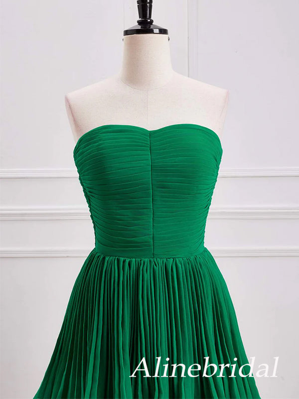 Elegant Green Chiffon Strapless A-line Prom Dress, Ruffles Tiered Evening Dress, PD3823022